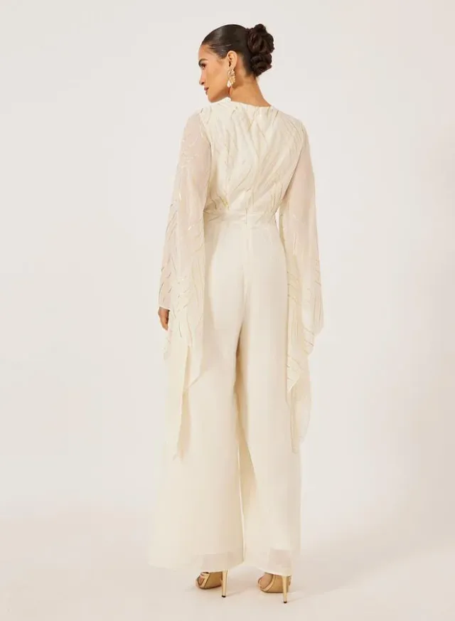 Cream Foil Print V-Neck Wide Leg Jumpsuit for Women – image 5