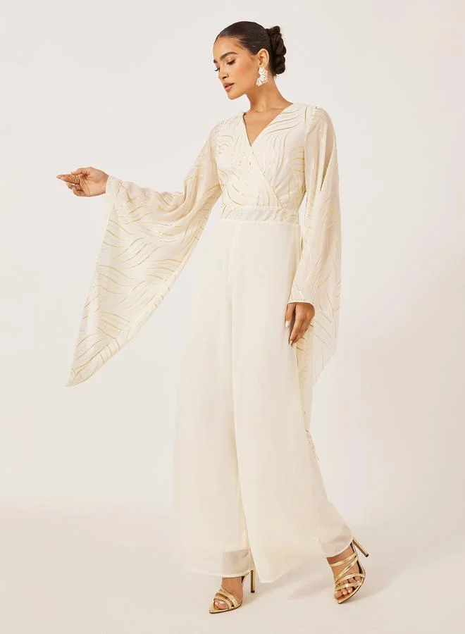 Foil Print Wide Leg Jumpsuit, Cream