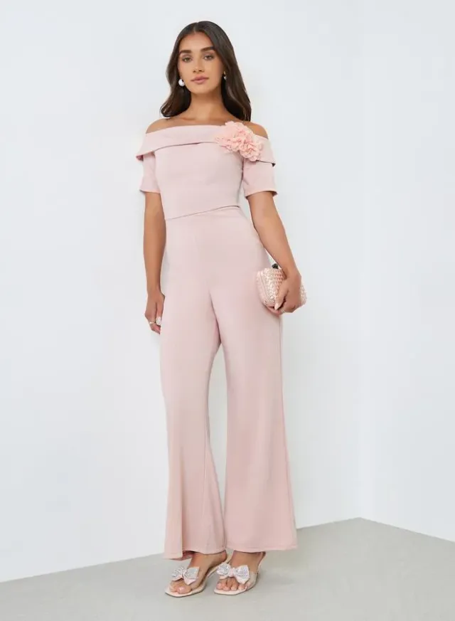 Women's Pink Off-Shoulder Jumpsuit with Corsage Detail – image 5