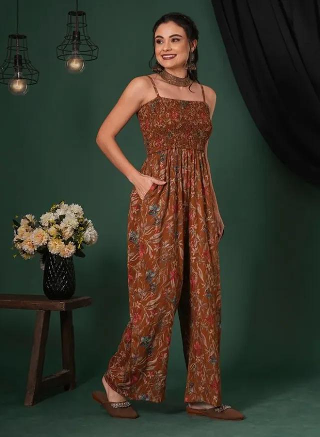 Women's Floral Print Viscose Jumpsuit with Straps and Smocked Bodice – image 2