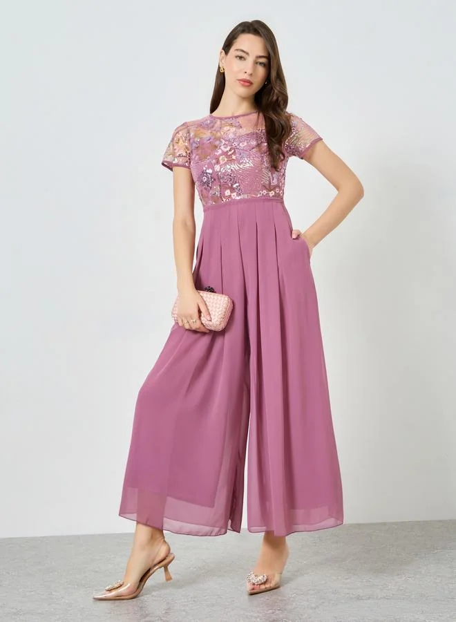 Sequin Bodice Wide Leg Jumpsuit Pink