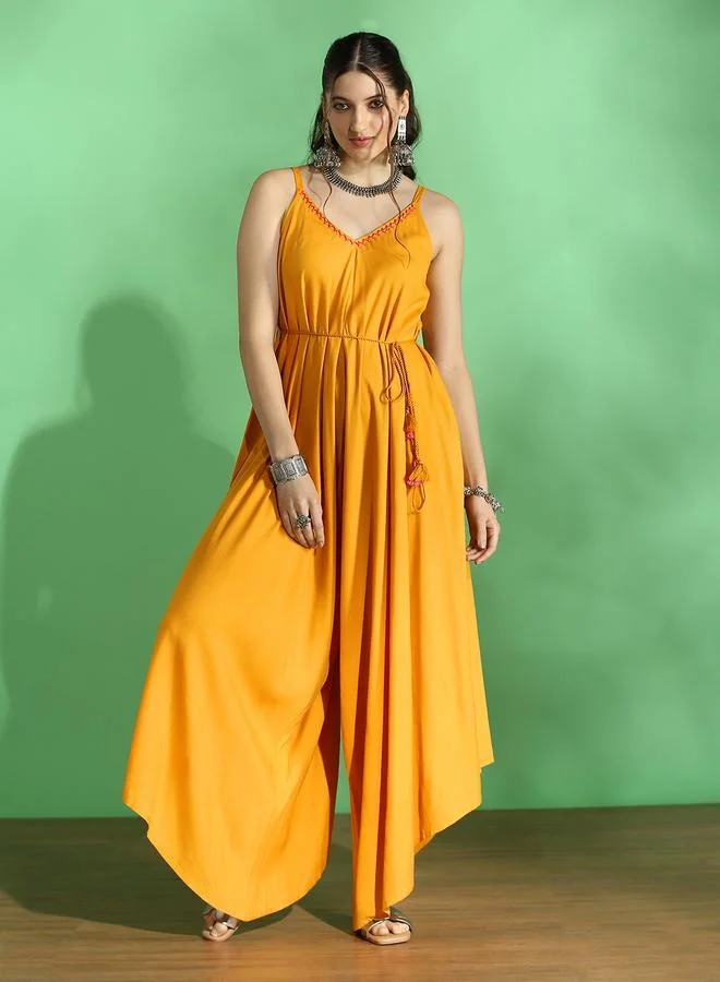 Women's Asymmetric Jumpsuit with Waist Tie Mustard