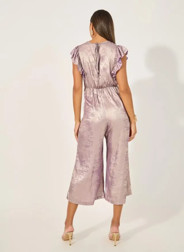 Lilac Textured V-Neck Short Sleeve Wide Leg Cropped Jumpsuit – image 4