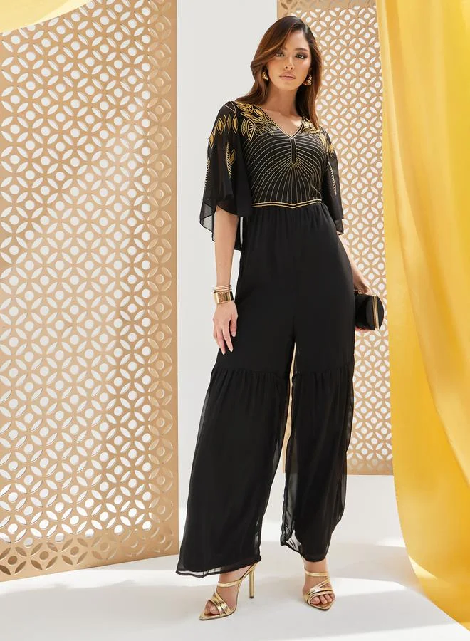 Plisse Wide-Leg Embroidered V-Neck Jumpsuit