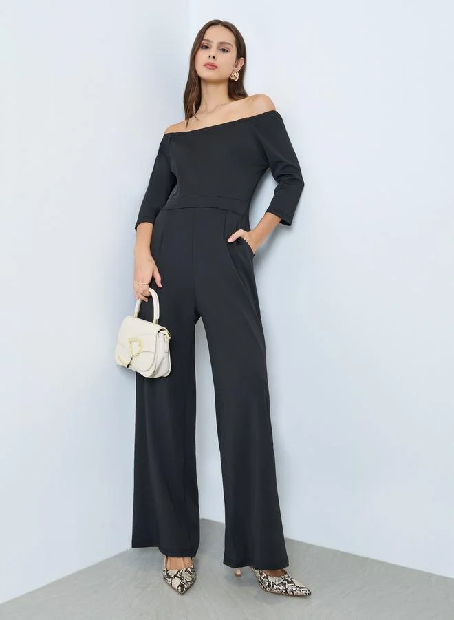 Off Shoulder Wide Leg Jumpsuit Black