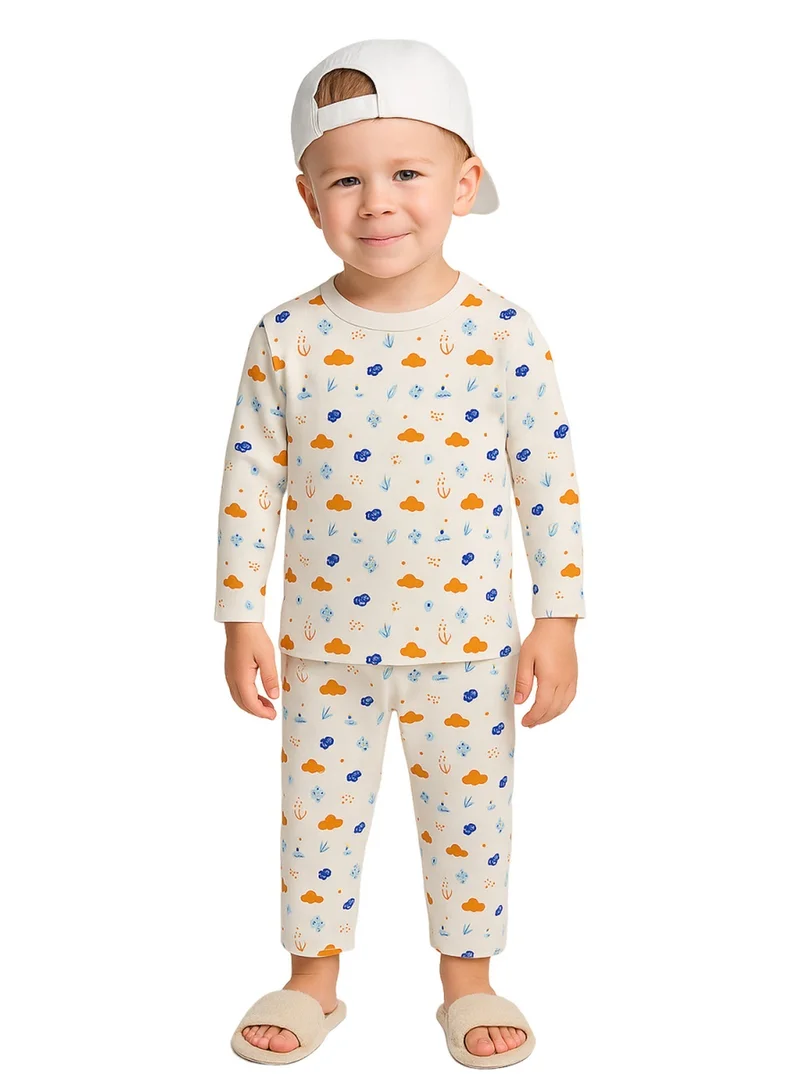 Luay® 100% Cotton Printed Full-Sleeve T-Shirt & Pants Co-ord Set White & Blue