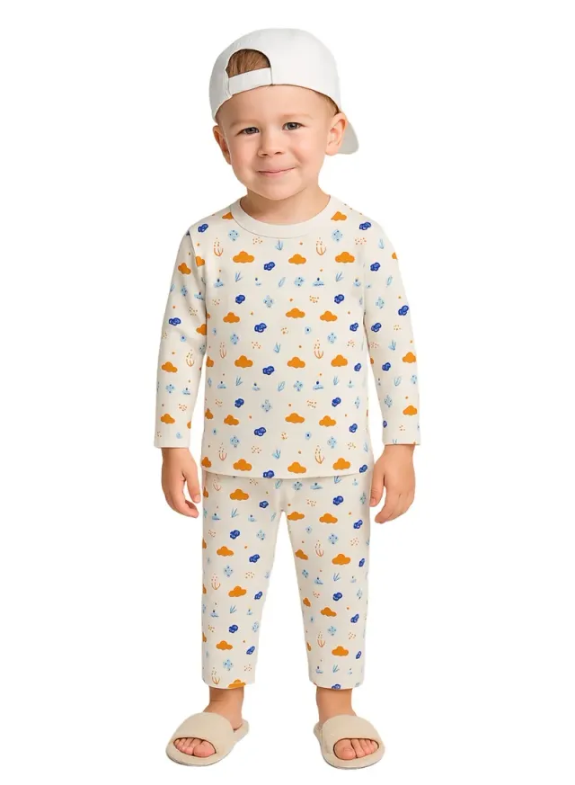 Luay® 100% Cotton Printed Full-Sleeve T-Shirt & Pants Co-ord Set White & Blue