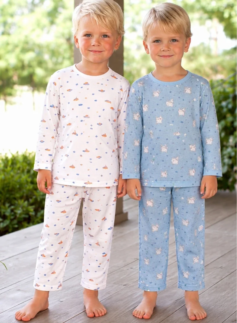 Luay® 100% Cotton Printed Full-Sleeve T-Shirt & Pants Co-ord Set White & Blue