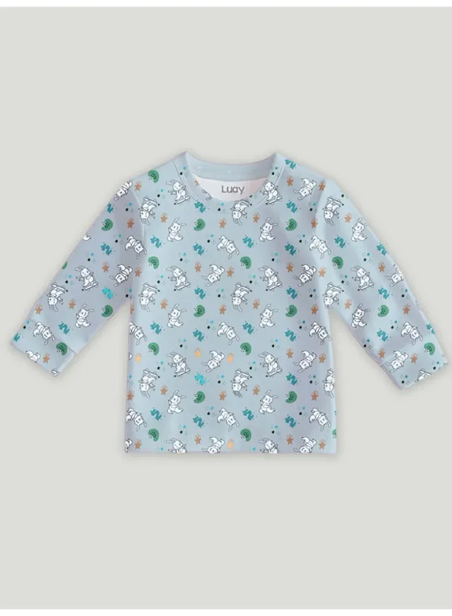 Luay® 100% Cotton Printed Full-Sleeve T-Shirt & Pants Co-ord Set White & Blue – image 4