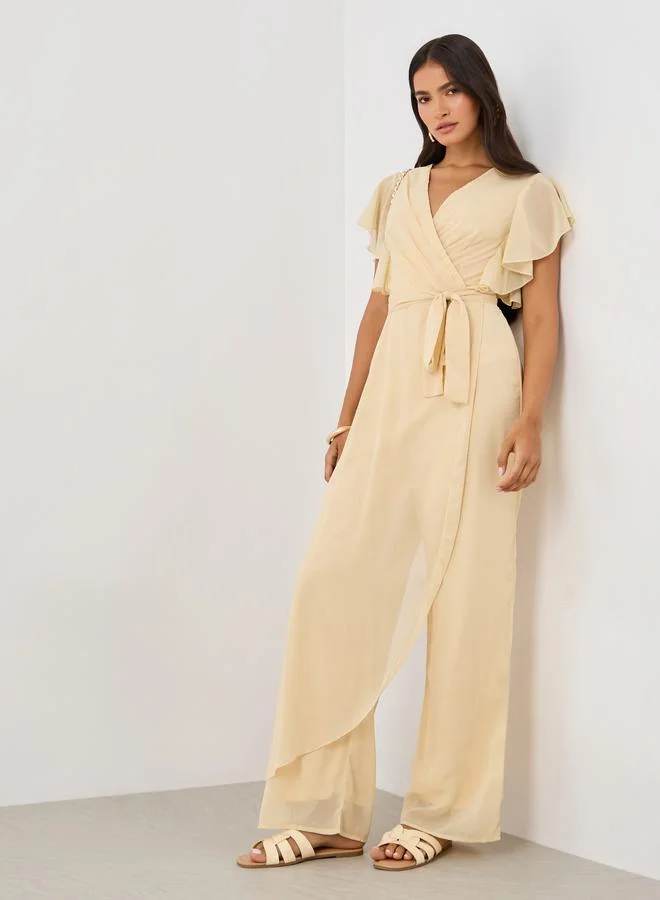 Ruffle Sleeve V-Neck Wide Leg Jumpsuit