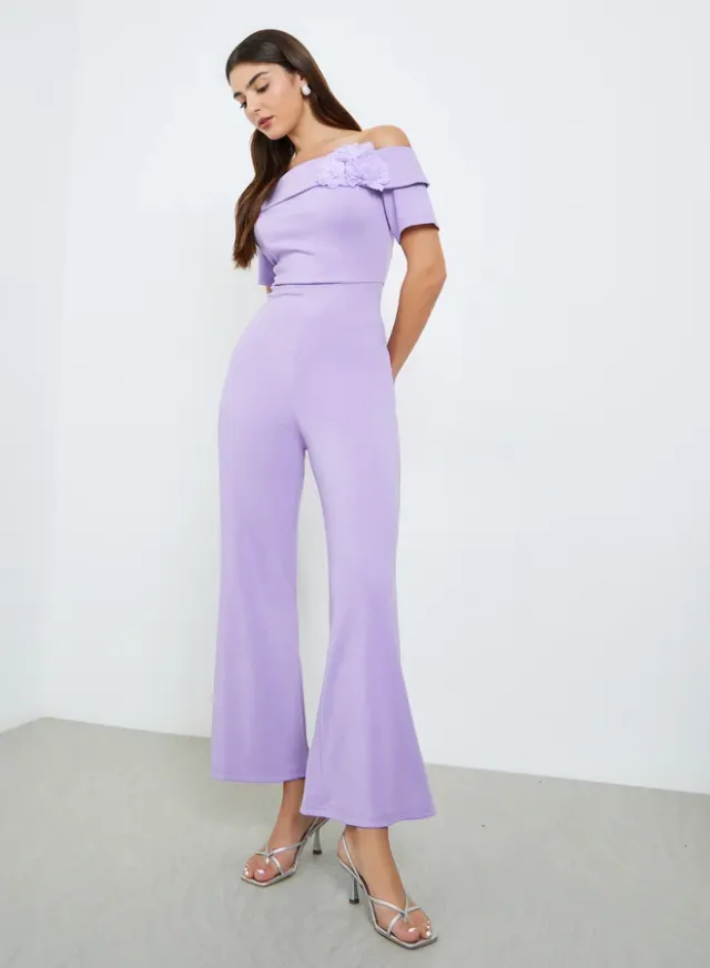 Women's Purple Off-Shoulder Jumpsuit with Corsage Detail – image 2