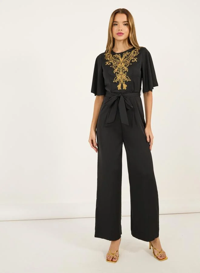 Embroidered Panel Wide Leg Tie-Belt Jumpsuit