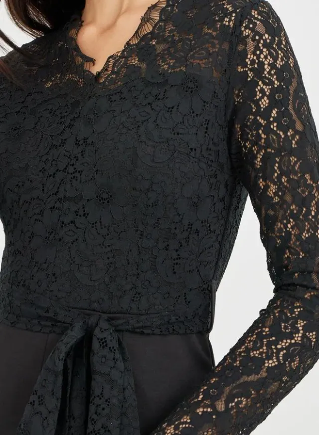 Black Lace Insert Wide Leg Jumpsuit - V Neck, Long Sleeve, Polyester Blend – image 4