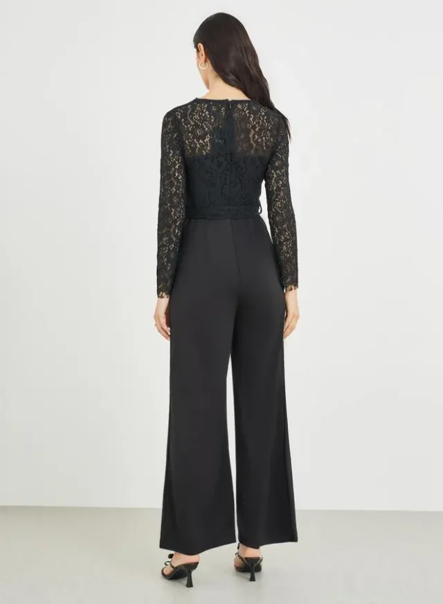 Black Lace Insert Wide Leg Jumpsuit - V Neck, Long Sleeve, Polyester Blend – image 5
