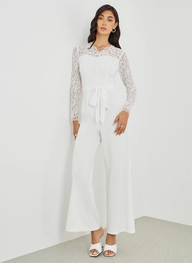 Long Sleeve Lace Insert Wide Leg Jumpsuit