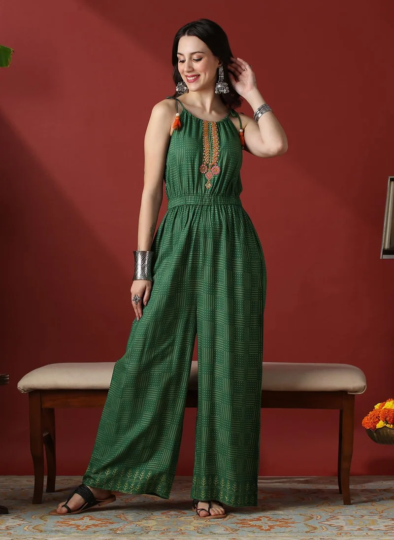 Women's Embroidered Polka Dot Wide Leg Fusion Jumpsuit, Green