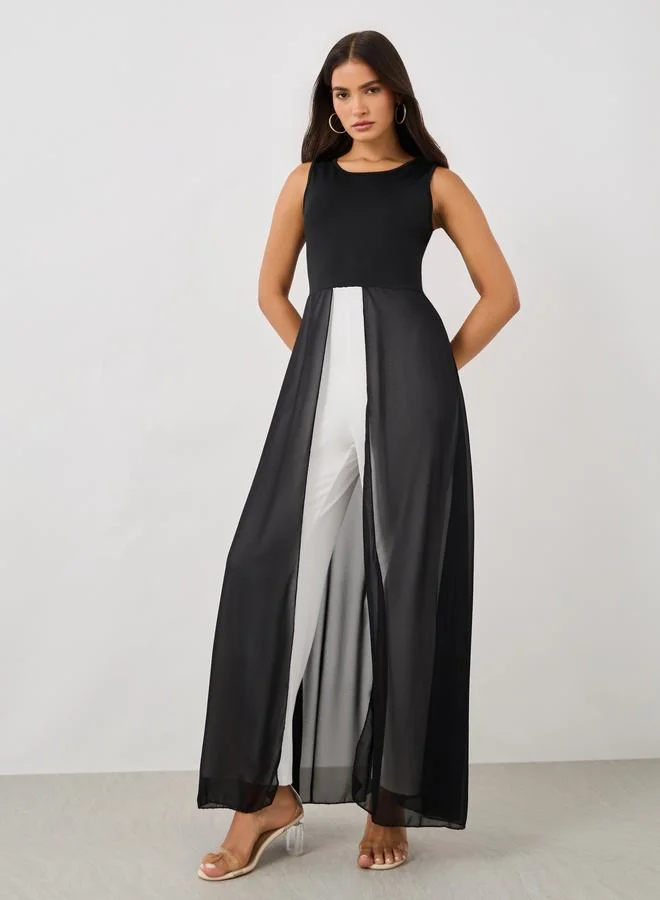Sleeveless Color Block Jumpsuit Chiffon Skirt