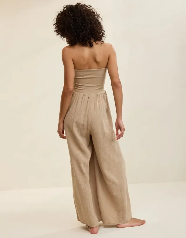 Strapless Cotton Jumpsuit in Toasted Almond for Women – image 4