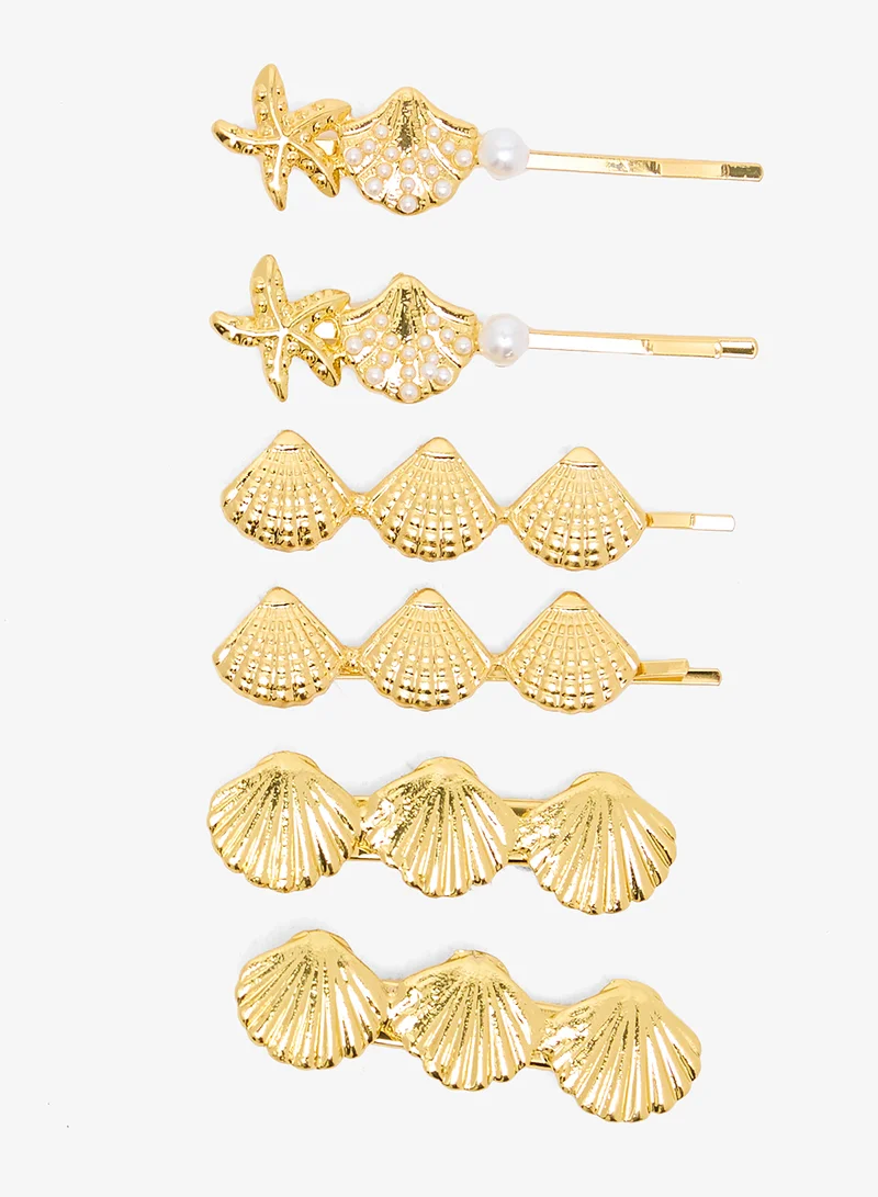 3PK Gold Metallic Hair Clips Seashell