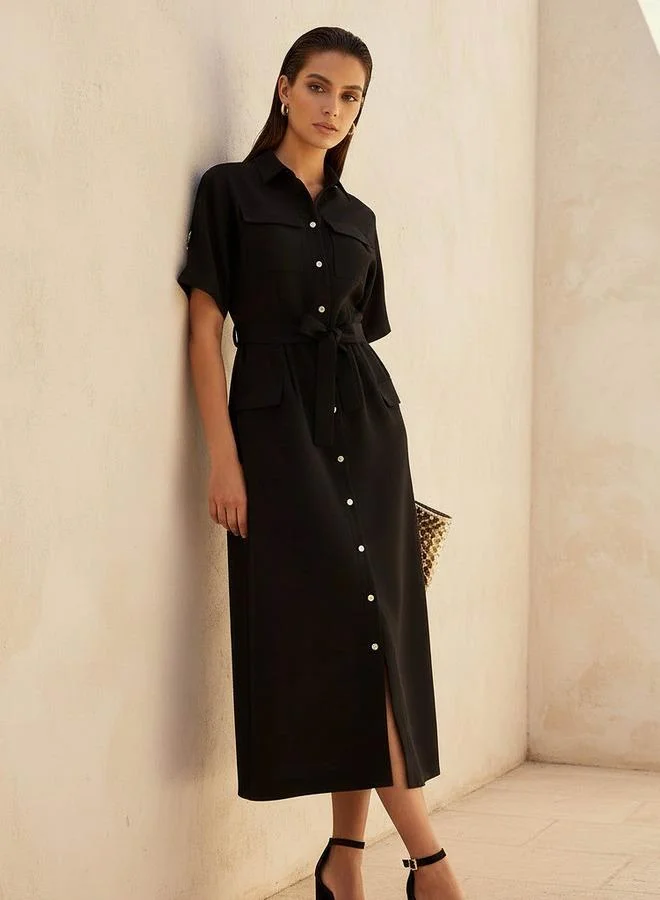 Midi Belted Shirt Dress with Pockets
