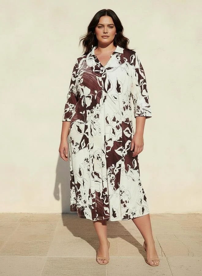 Ulla Popken Plus Size Printed A-Line Collared Dress