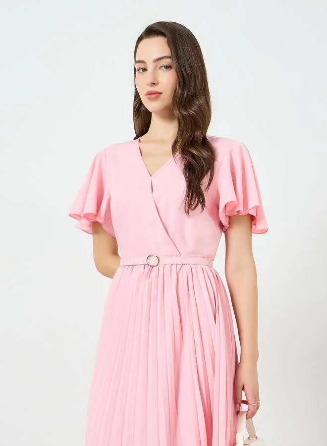Frill Sleeve Pleated Midi Dress Pink