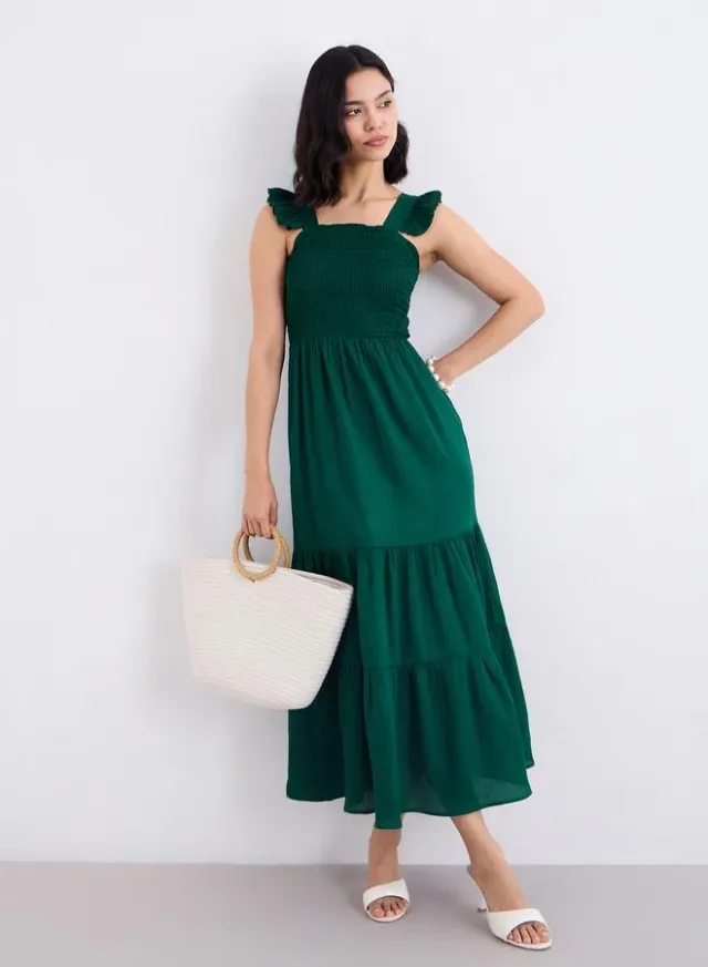 Smocked Ruffled Sleeves Maxi Dress Green – image 2