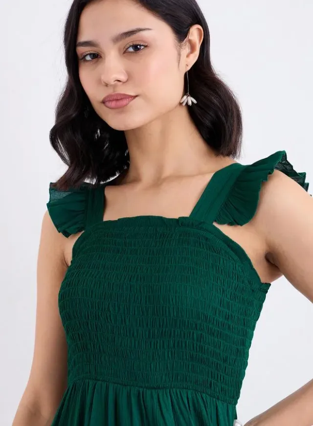 Smocked Ruffled Sleeves Maxi Dress Green – image 4