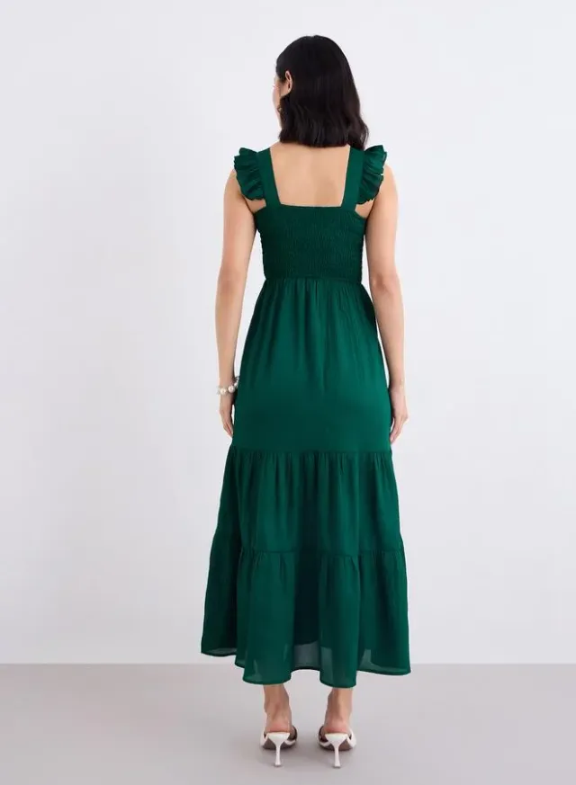 Smocked Ruffled Sleeves Maxi Dress Green – image 5