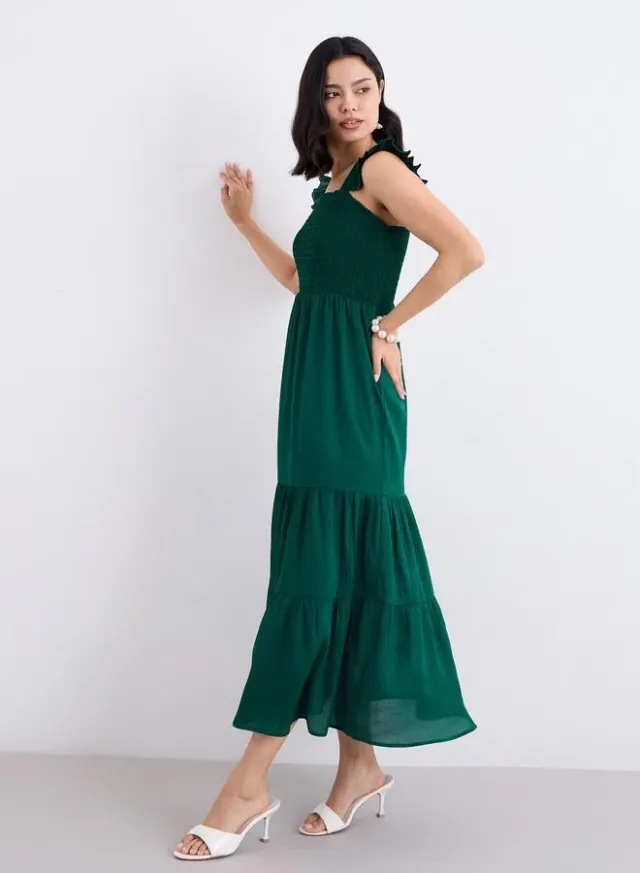 Smocked Ruffled Sleeves Maxi Dress Green – image 6