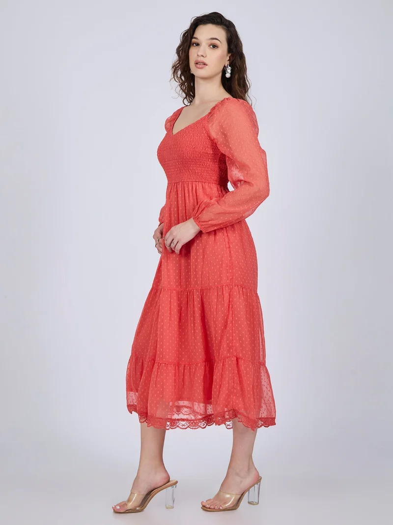 Tiered Midi Dress, Coral