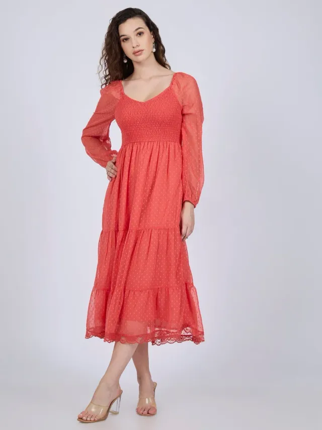 Tiered Midi Dress, Coral – image 2