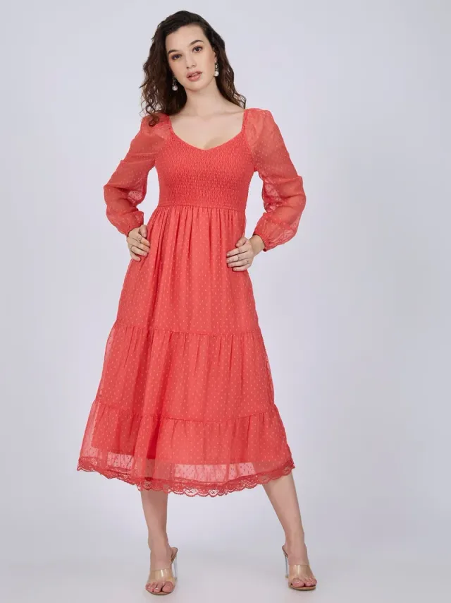 Tiered Midi Dress, Coral – image 4