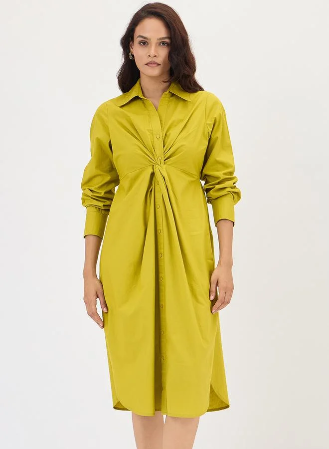 Poplin Knot Detail Midi Dress, Citrine Green