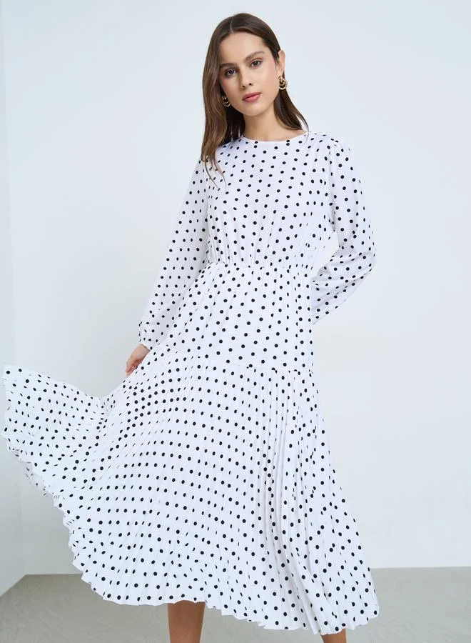 Polka Dot Round Neck Pleated Midi Dress