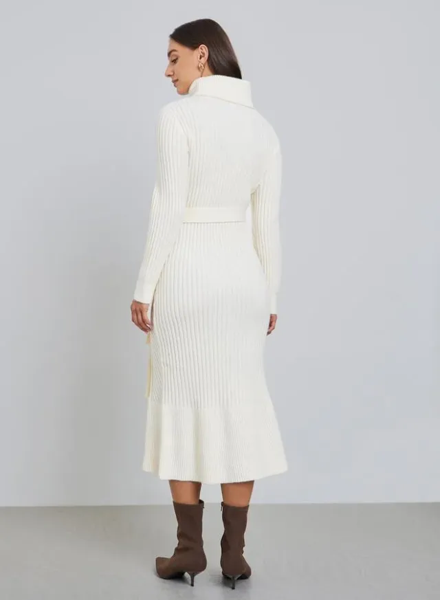 Ribbed Knit Sweater Midi Dress with Belt Black – image 4