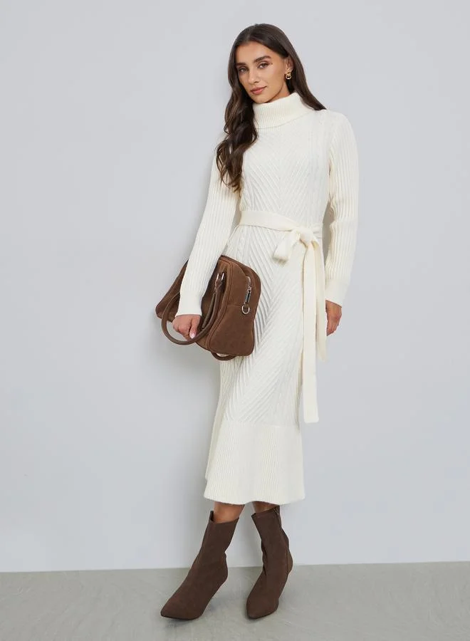 Ribbed Knit Sweater Midi Dress with Belt Black