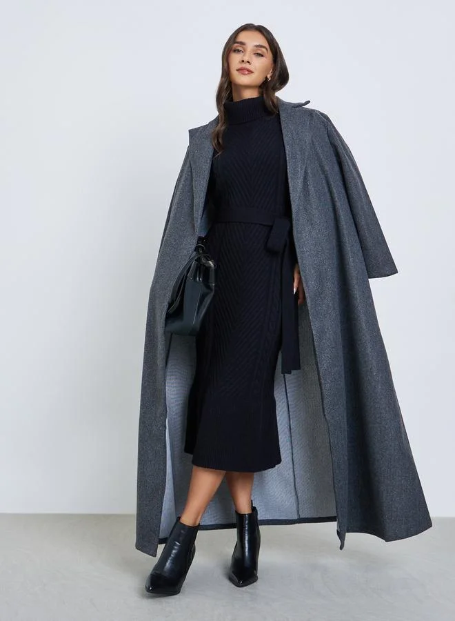 Ribbed Knit Sweater Midi Dress with Belt Black