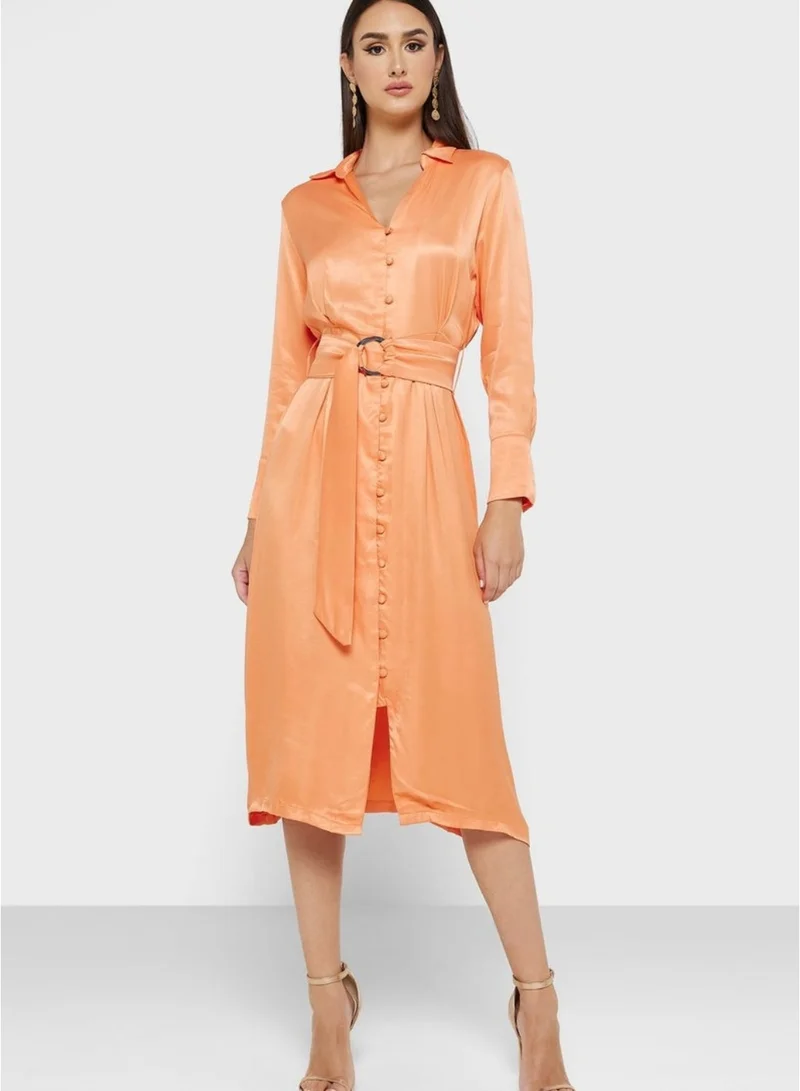 Silk Long Sleeve Collared Shirt Dress Orange