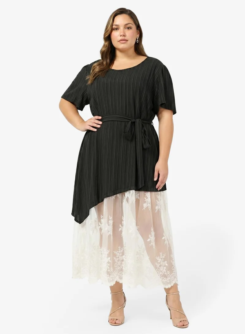 Asymmetric Belted Lace Hem Dress