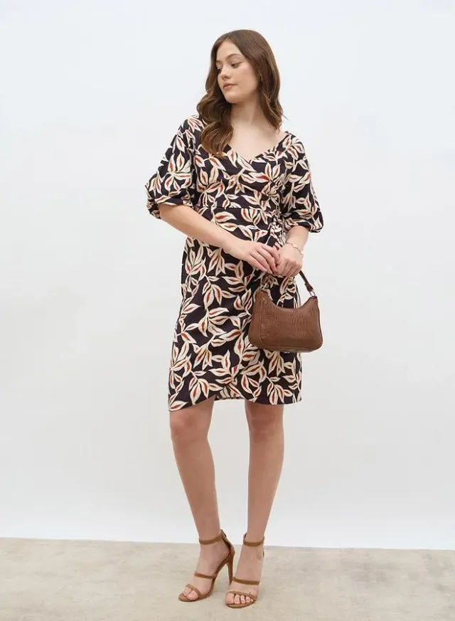 Floral Print Puff Sleeve Wrap Knee Length Dress