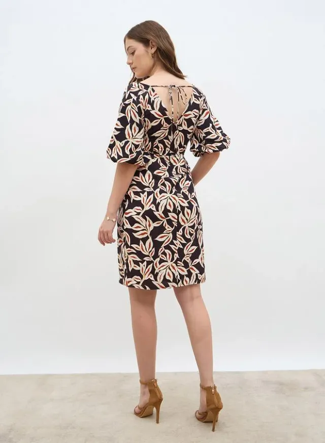 Floral Print Puff Sleeve Wrap Knee Length Dress – image 5