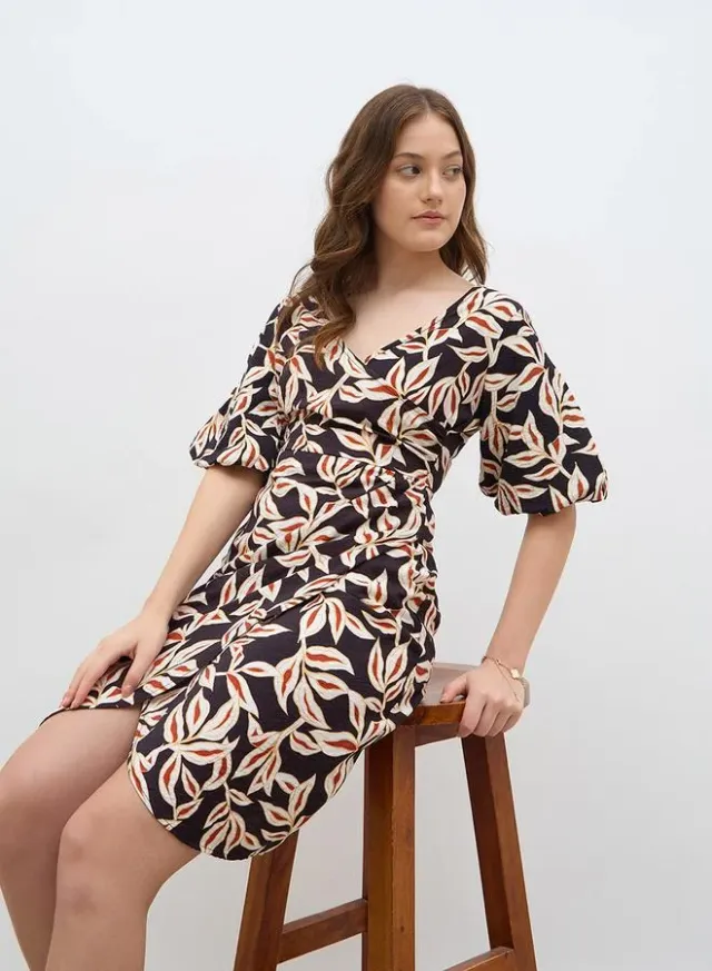 Floral Print Puff Sleeve Wrap Knee Length Dress – image 6