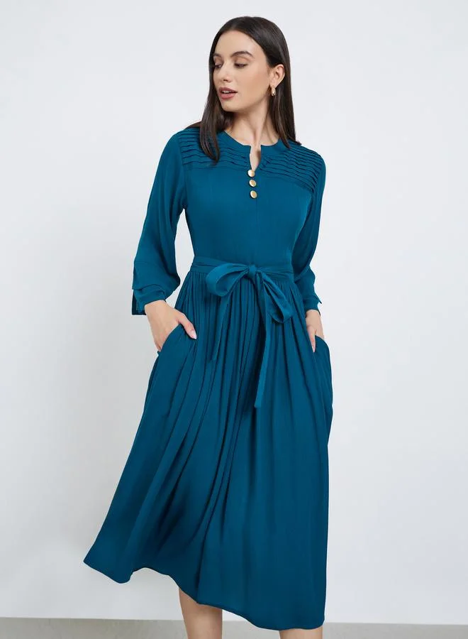 Maxim Creation Pintuck Panel Tie Belt Midi Dress, Teal