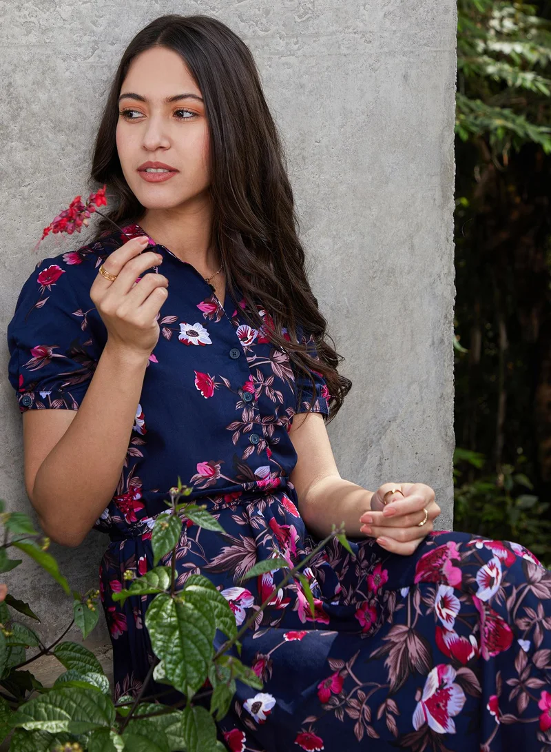 Women's Botanical Resort Midi Dress Navy Blue