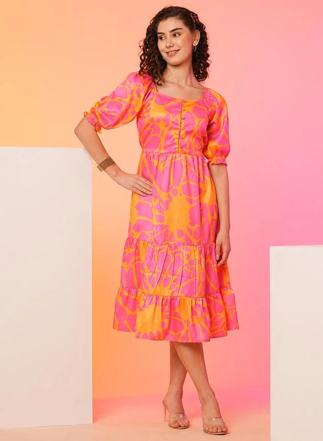 Globus Women's Floral Print Puff Sleeve A-Line Midi Dress