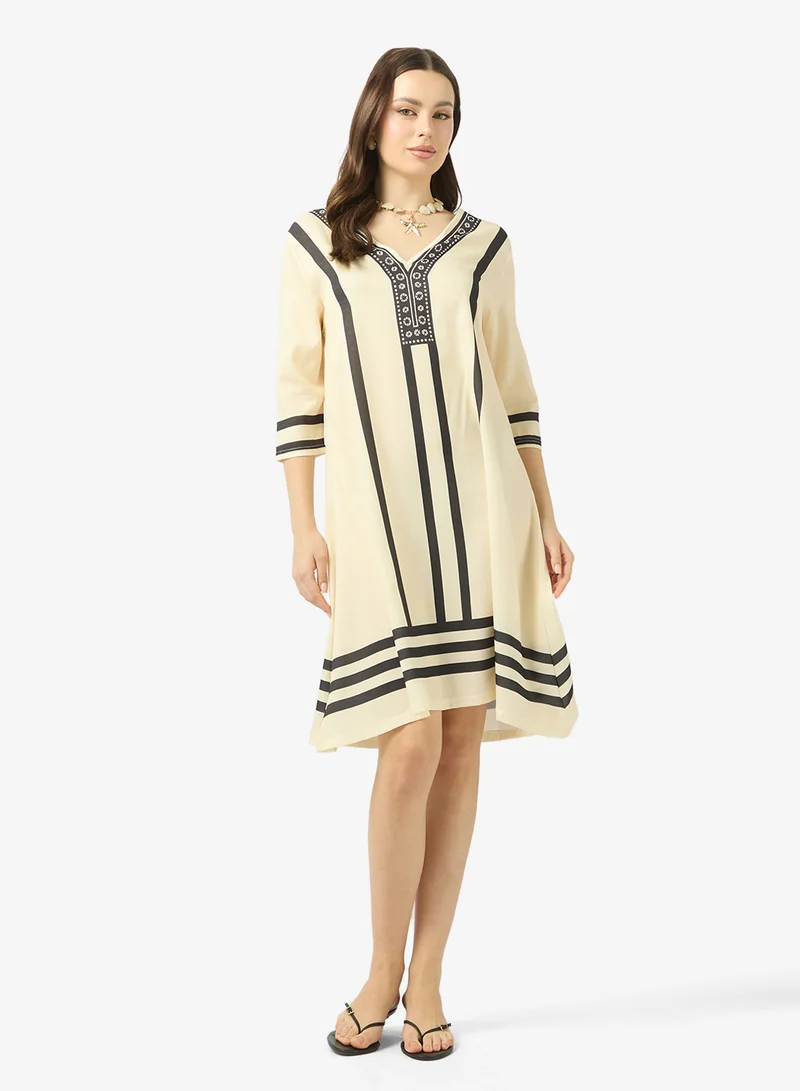 V Neck Monochrome Kaftan Dress