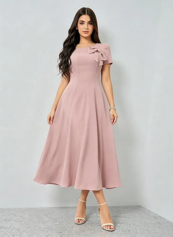 Bow Detail A-Line Midi Dress Pink