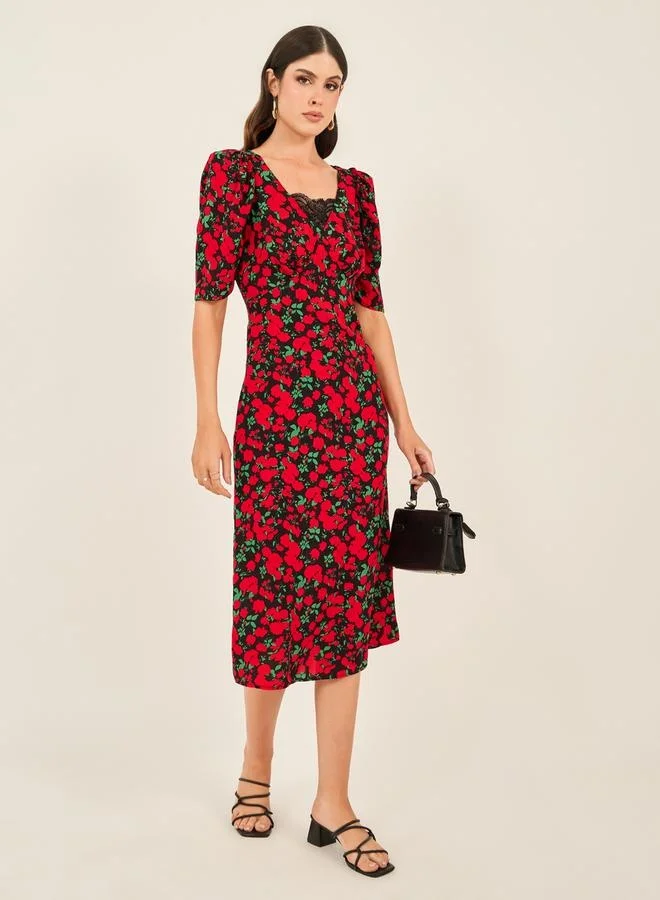 Floral Print Short-Sleeve Sheath Midi Dress