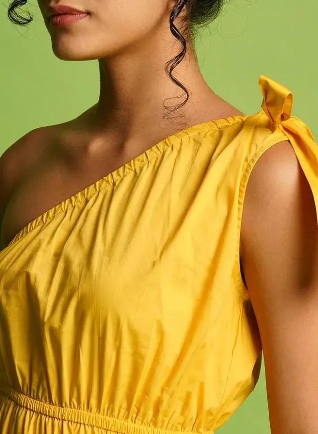 One Shoulder Tie-Up A-Line Midi Dress, Yellow – image 4
